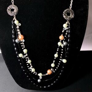 VTG Layered‎ Beaded Statement Necklace Fashion Jewelry Silver Tone Chunky